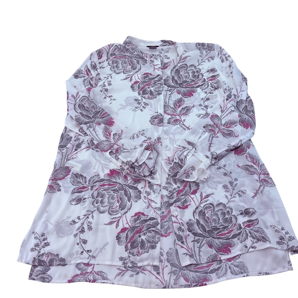Ann Taylor Factory White Floral Button Down Blouse Grey Burgundy Size M 4302
